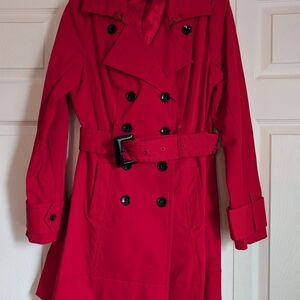 New York & Company Red Double-Breasted Trench Coat with Belt